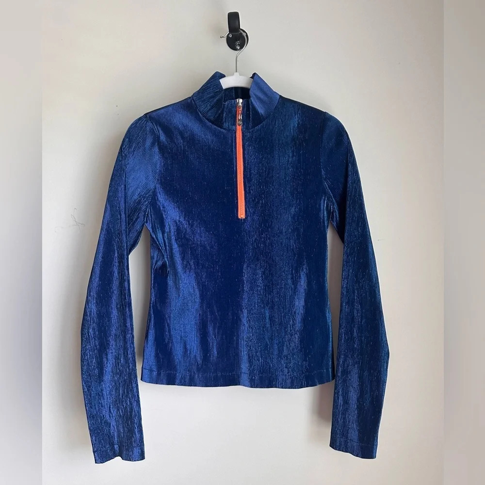 Kim Shui Blue Metallic Turtleneck Top NWT Womens Sz L Designer As seen on Runway